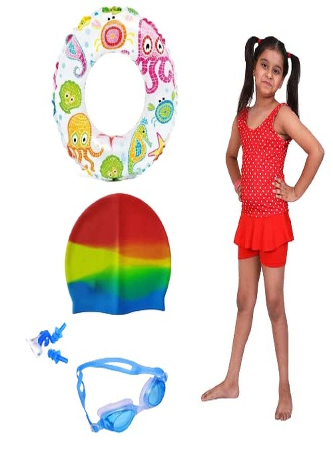 SHIFTER Swim Time Kids Swimming Kit - Swimming Costume, Goggles, Swim Ring, Cap, Ear & Nose Plugs - Perfect for Girls 9-10 Year Multicolour